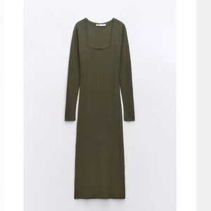Zara Olive Green Ribbed long Knit Sweater Dress